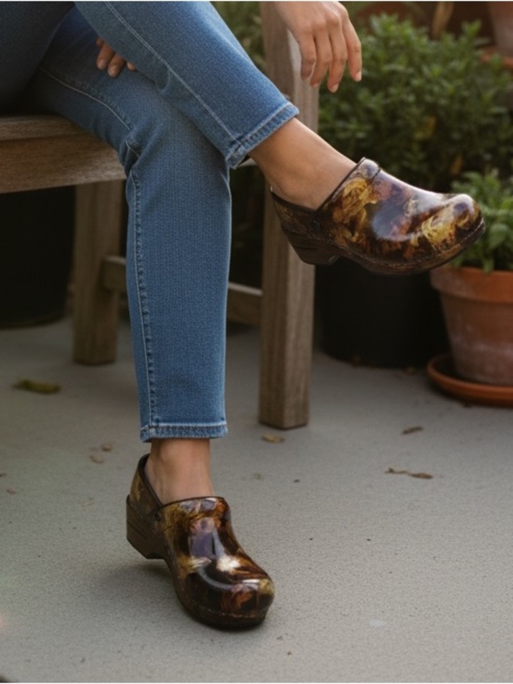 Dansko Professional Clog Floral Patent Leather in Brown and Gold Shoes Size 36